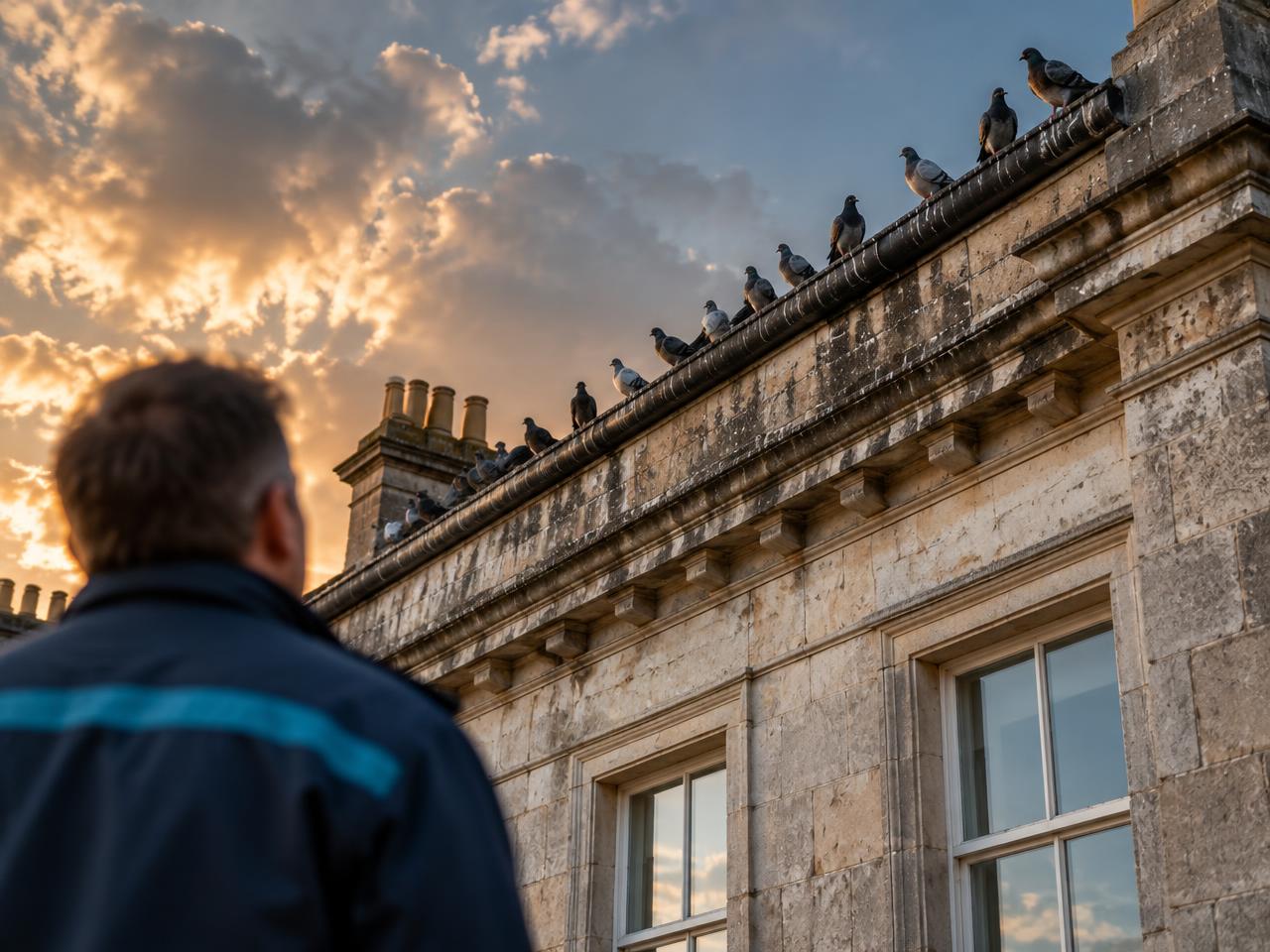 Birds roosting on gutters and rooflines
