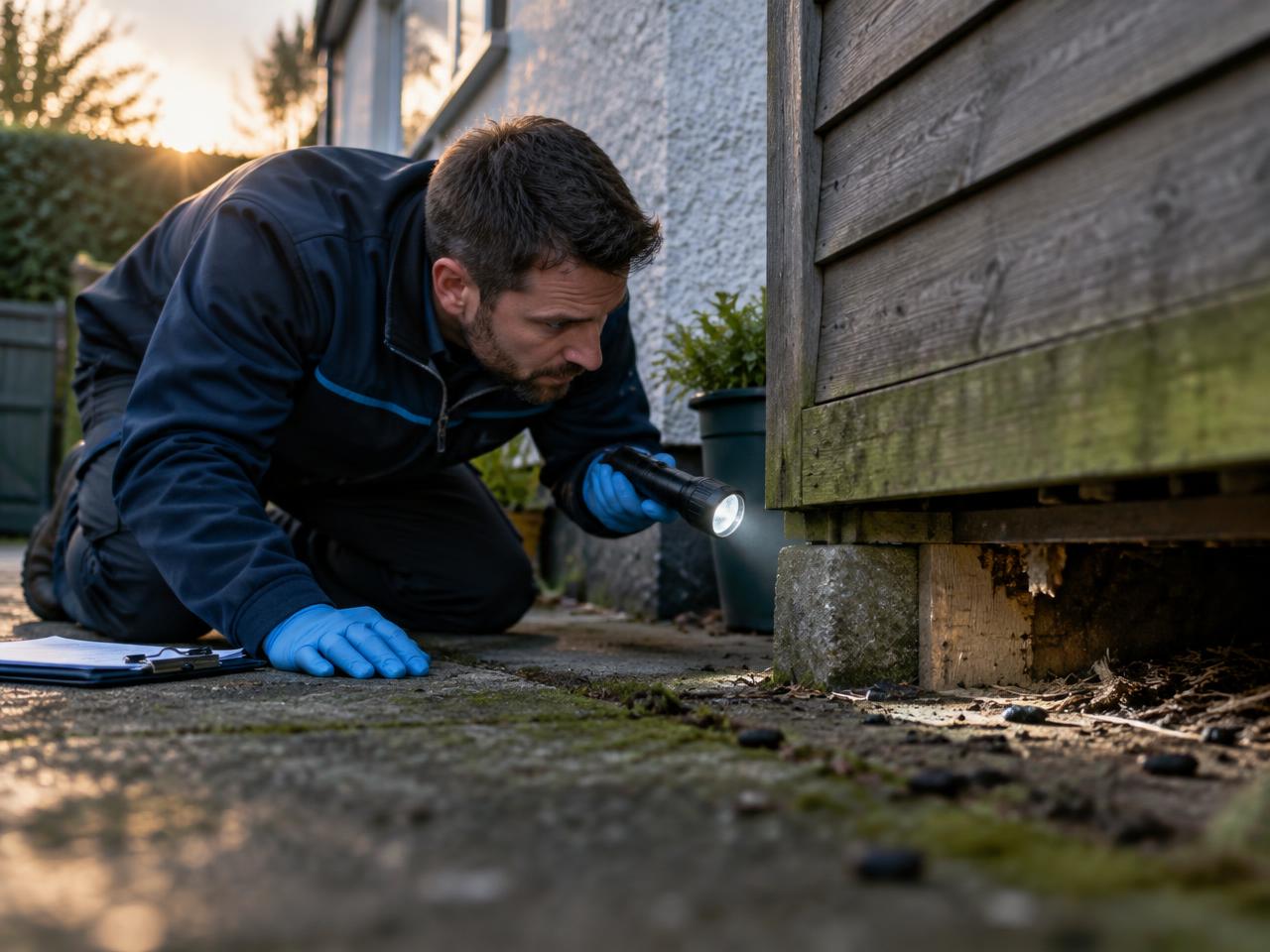 technician inspecting under a garden shed with a torch